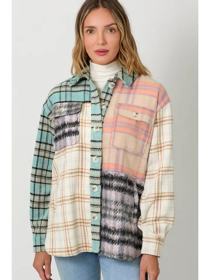 Mixed Plaid Color Block Shacket