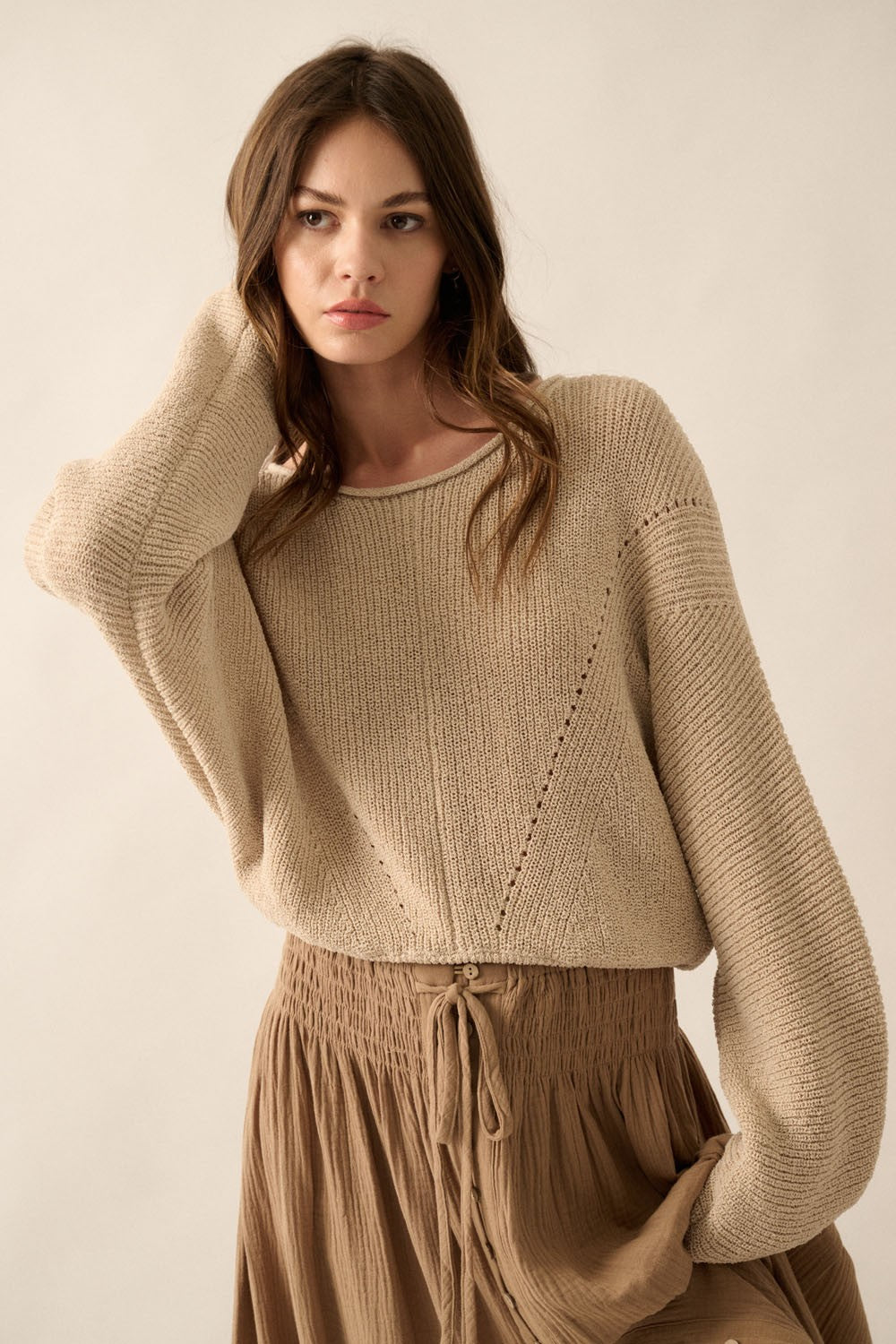 Solid Rib-Knit Dolman-Sleeve Sweater