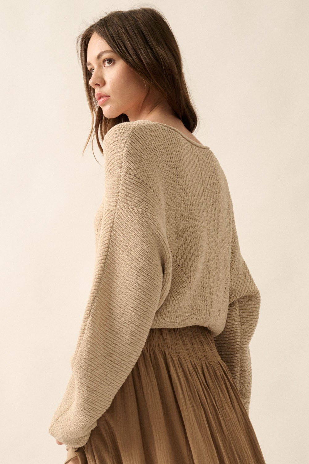 Solid Rib-Knit Dolman-Sleeve Sweater