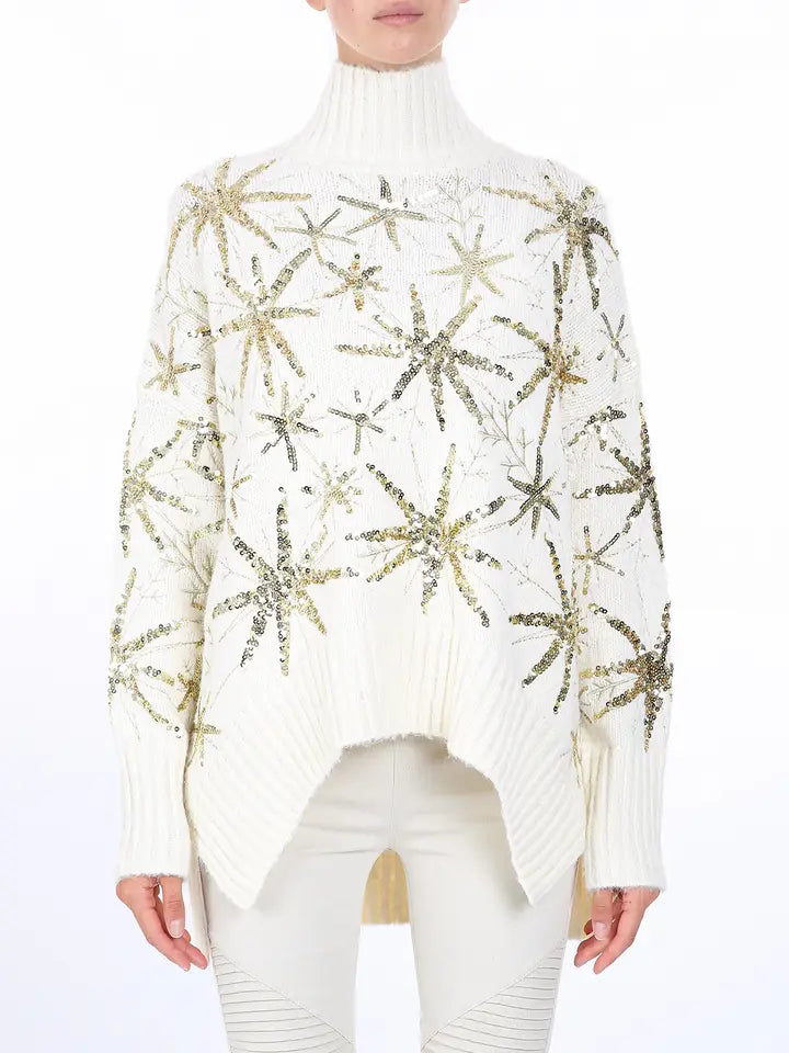 Starry Sequined High Low Knit Turtleneck Sweater