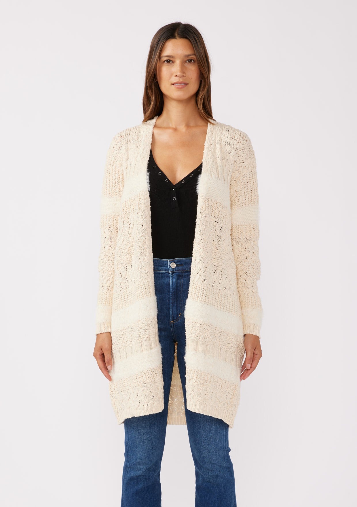 Textured Patchwork Open Front Knit Cardigan