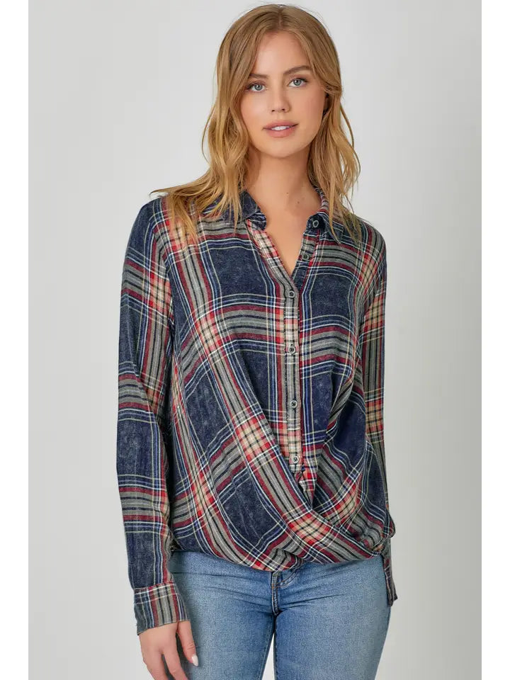 Washed Plaid Surplice Blouse