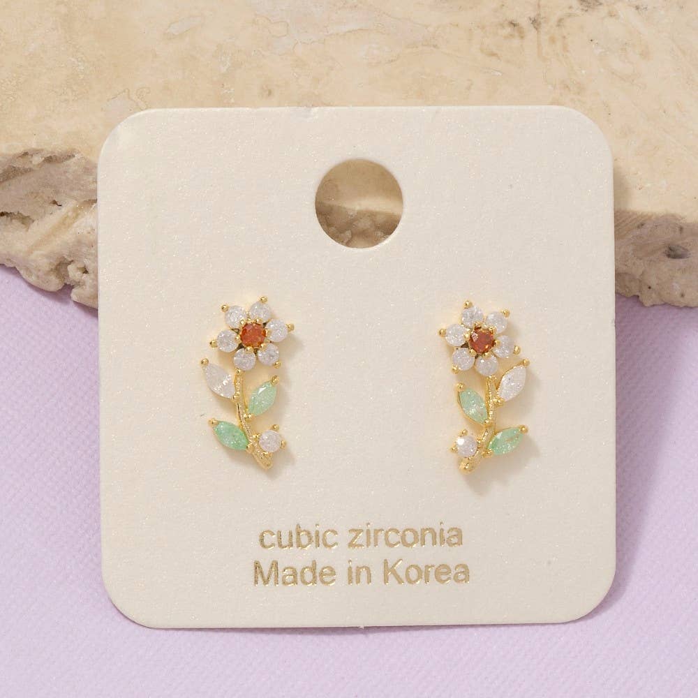 Fame Accessories - Gold Dipped Cz Flower Stud Earrings