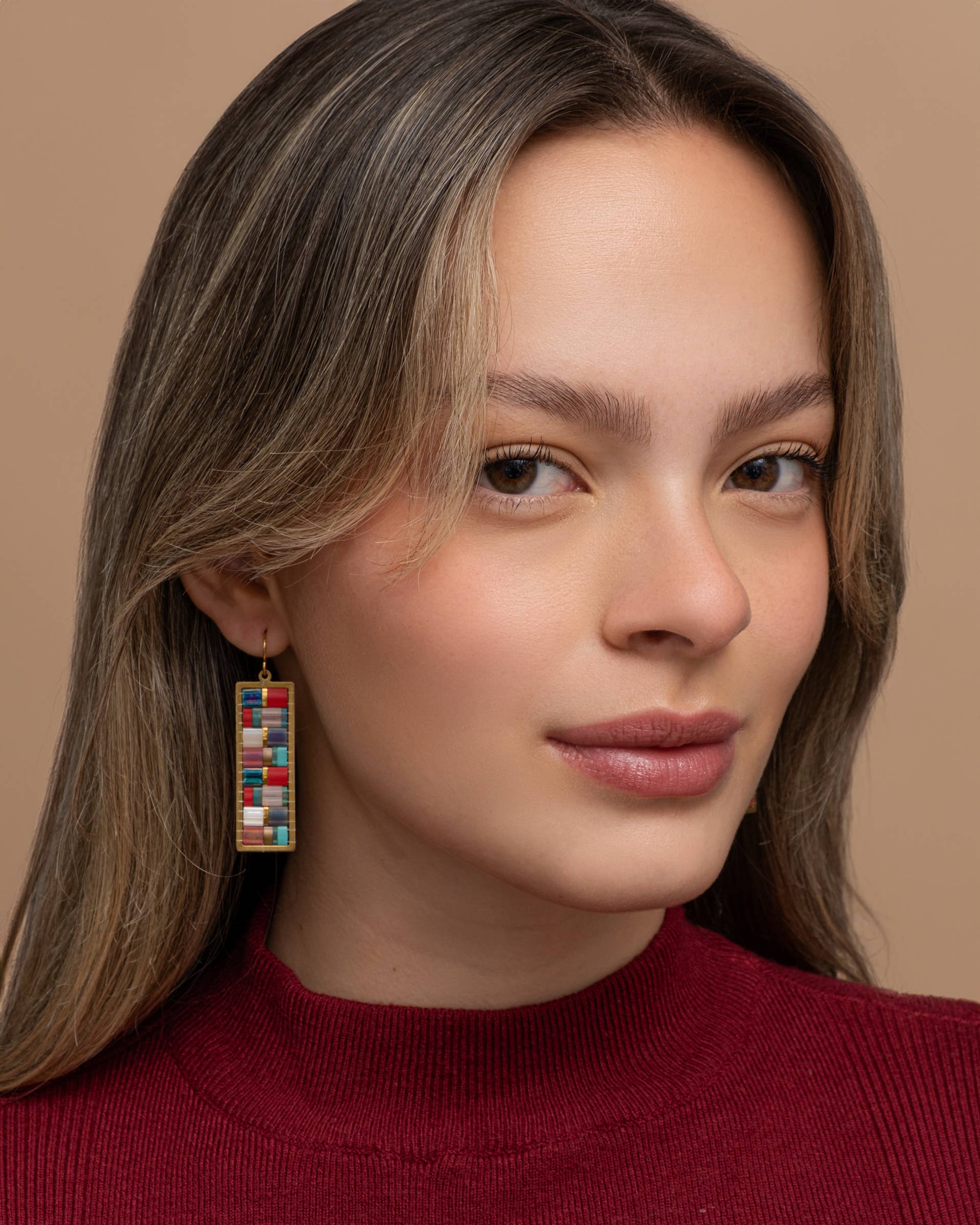 Mayana Designs Co - Beaded Handwoven Mosaic Tila and Brass Earrings (Aqua/Red)
