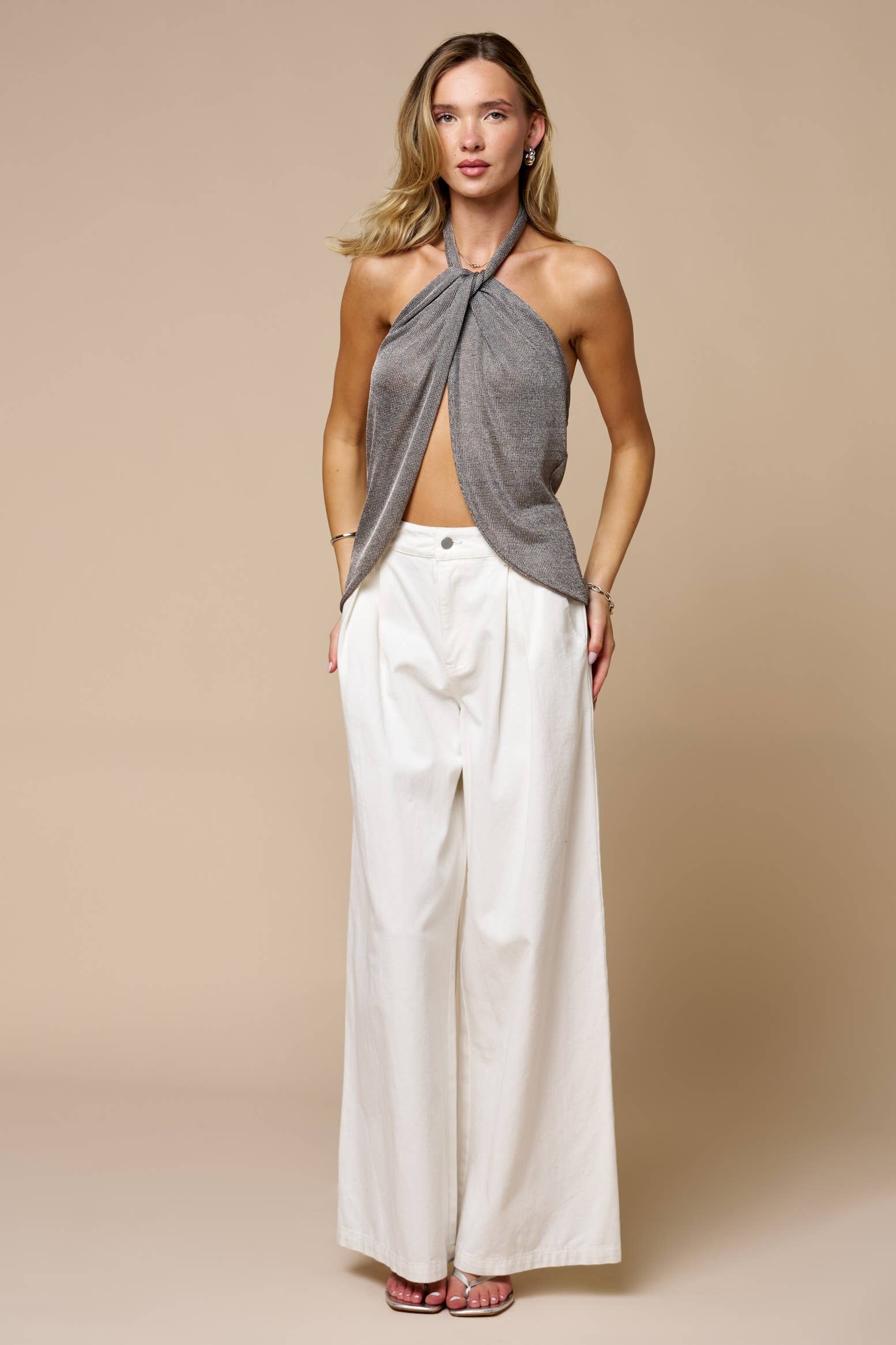 Blue Blush - Metallic Fly Away Halter Mesh Top