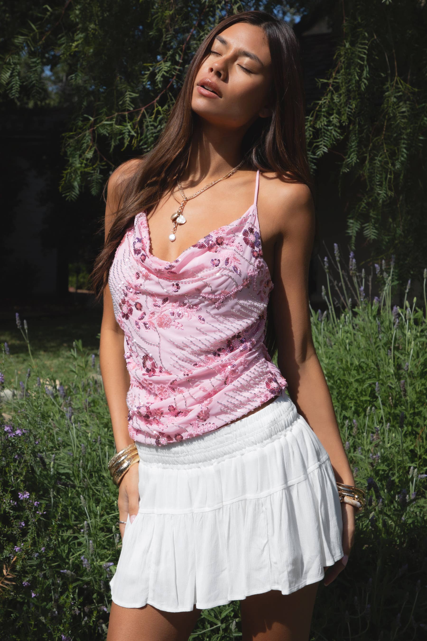 - AURYA Chiffon Sequin Beaded Cowl Neck Cropped Top