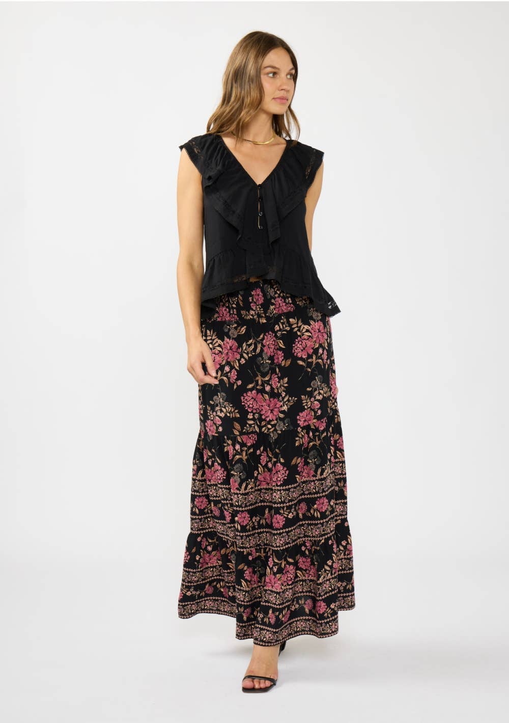 Lovestitch - V-neck Ruffle Sleeve Top with Lace Inserts & Shirred Hem