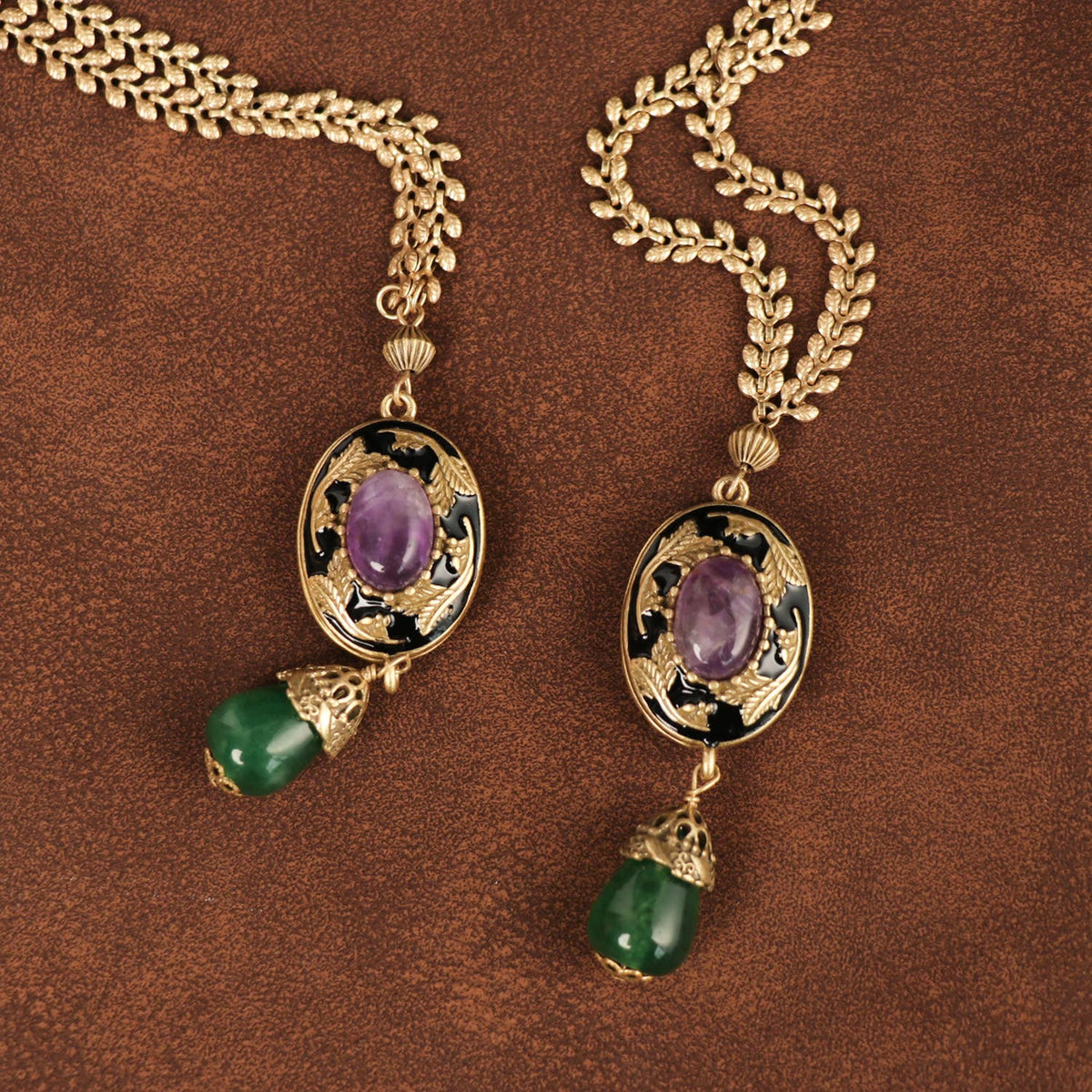 GirlyPirateCo - Vintage Enamel Amethyst Double Pendant Sweater Necklace