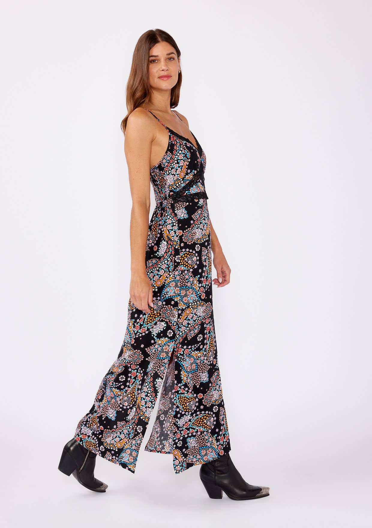 Lovestitch - Floral Spaghetti Strap Lace Trim Maxi Dress