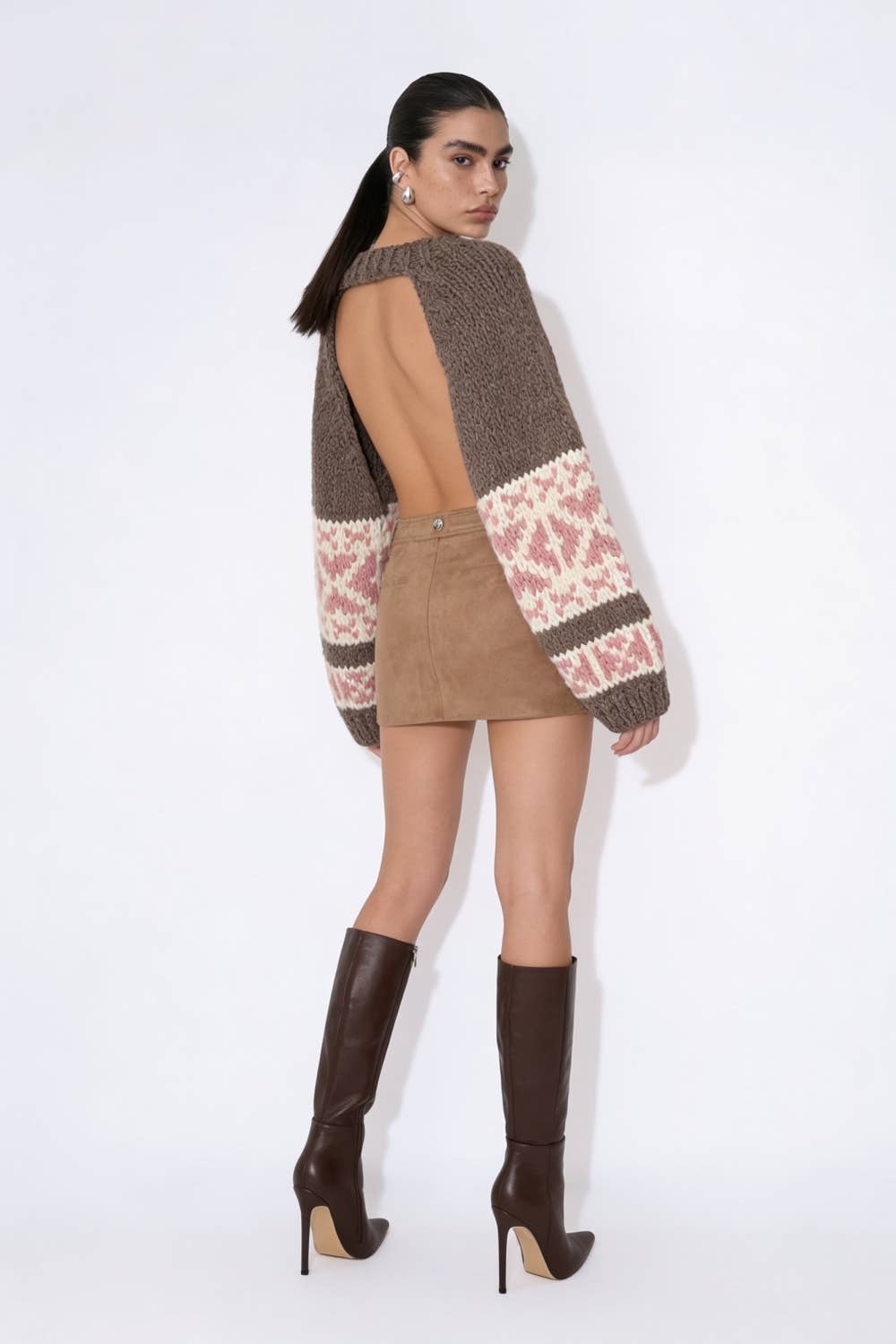 Beulah Style - Intarsia Knit Open-Back Cropped Sweater