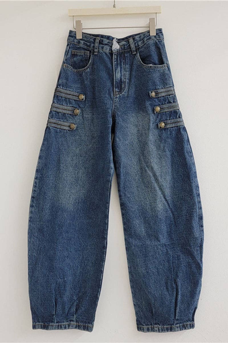 Mccolin - Button-Detail High-Waist Barrel Jeans