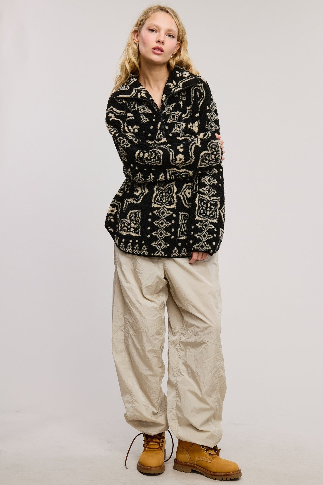 PAISLEY PATCHWORK PRINT SHERPA PULLOVER