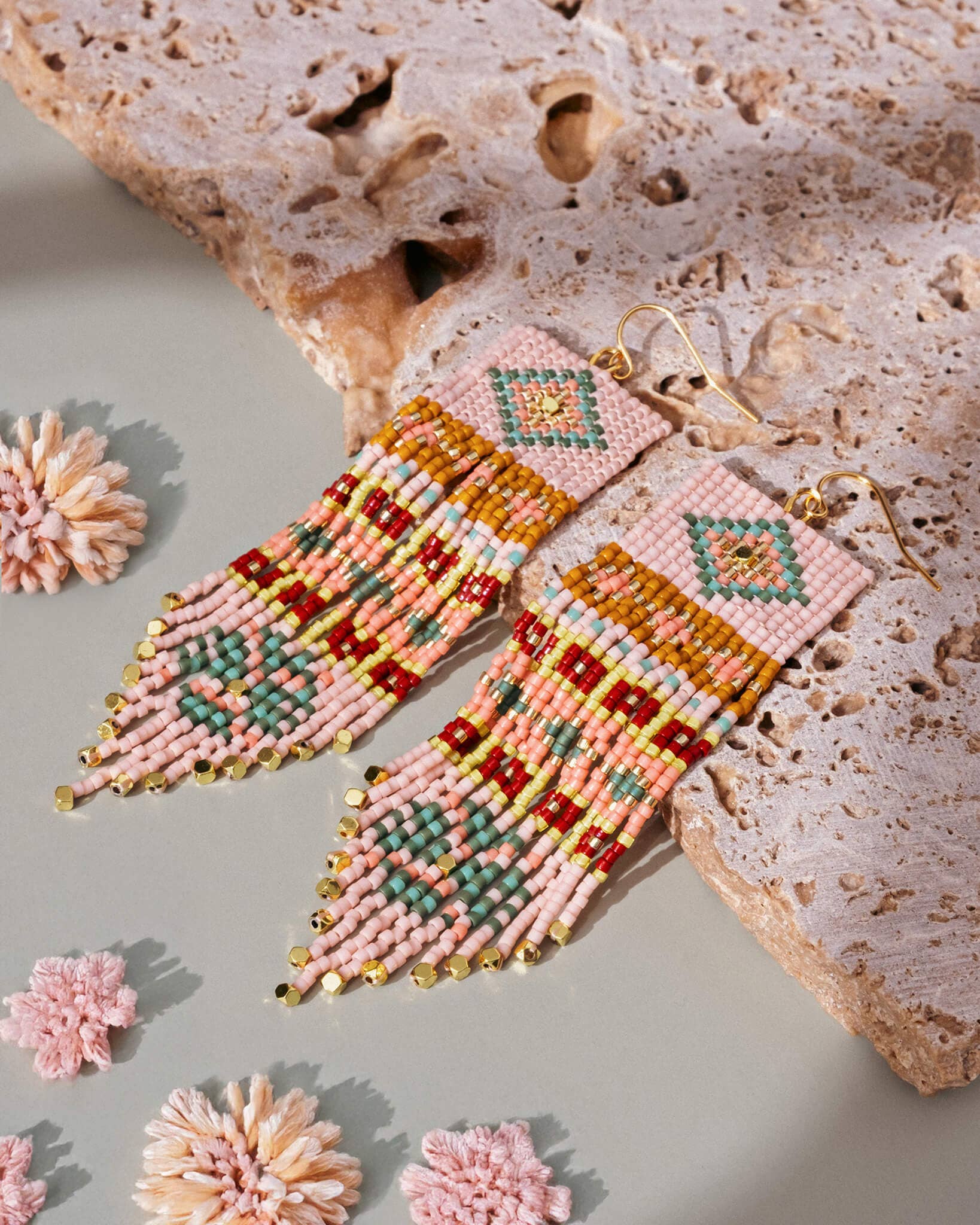 Mayana Designs Co - Beaded Handwoven Shisha Fringe Earrings (Pink)
