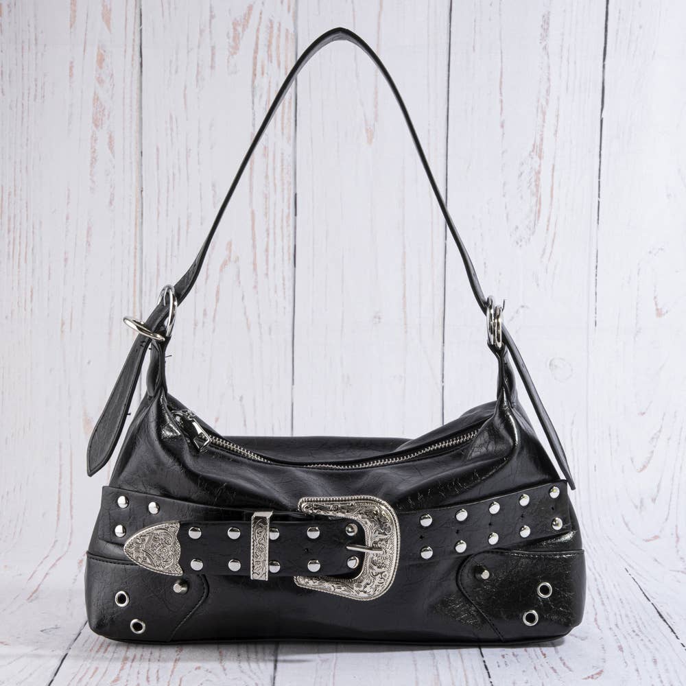 Collections by Fame Accessories - Studded Western Buckle Vegan Leather Shoulder Bag