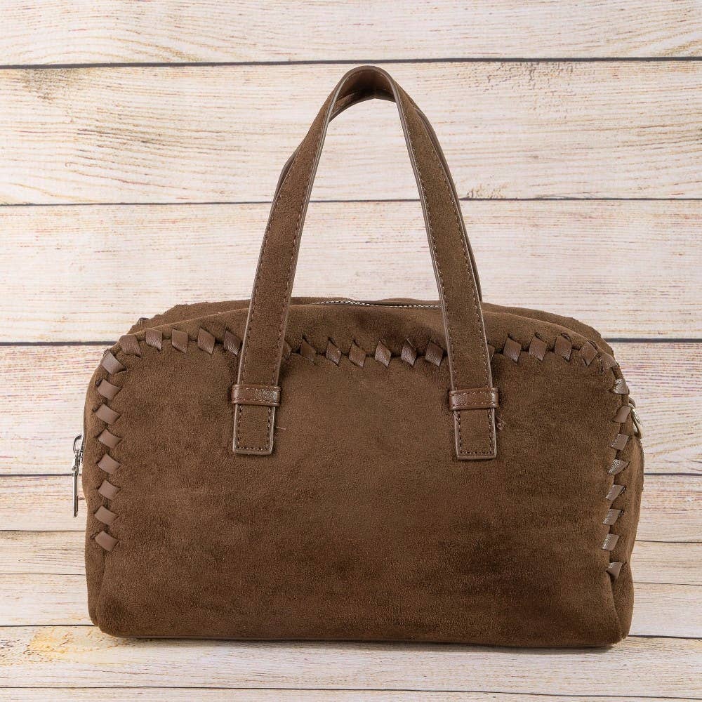 Collections by Fame Accessories - Rectangle Woven Trim Detail Suede Bag