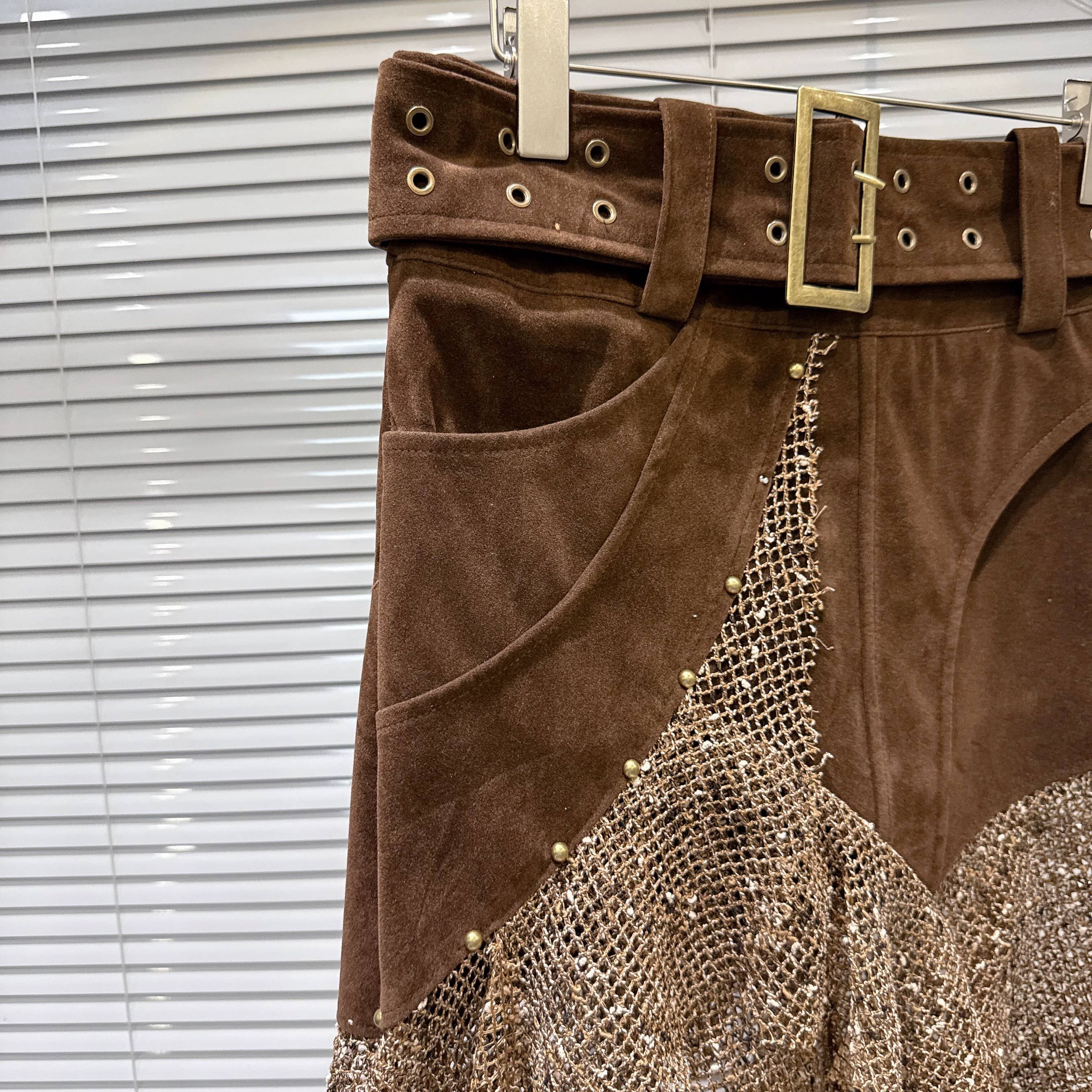 Retro Studded Belt Metallic Mesh Midi Skirt Women