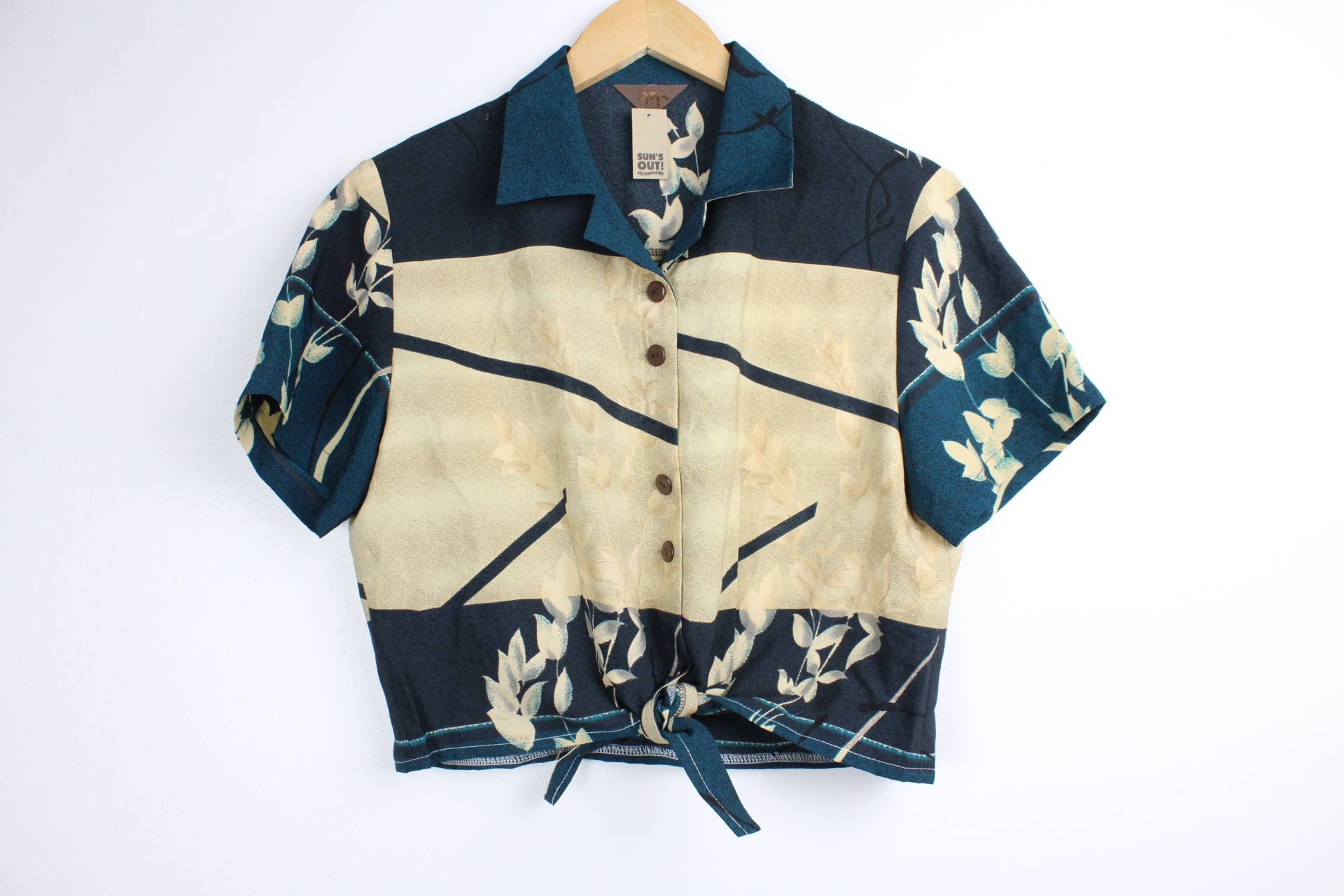 Reworked Vintage Short-Sleeve Button Up Blouse - Tied Front