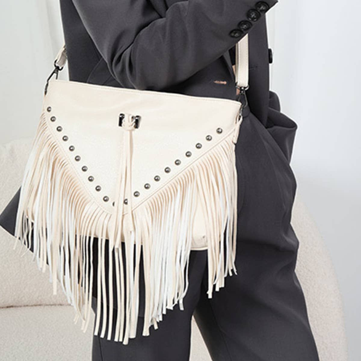 RIVET SOFT PU LEATHER TASSEL SHOULDER BAG