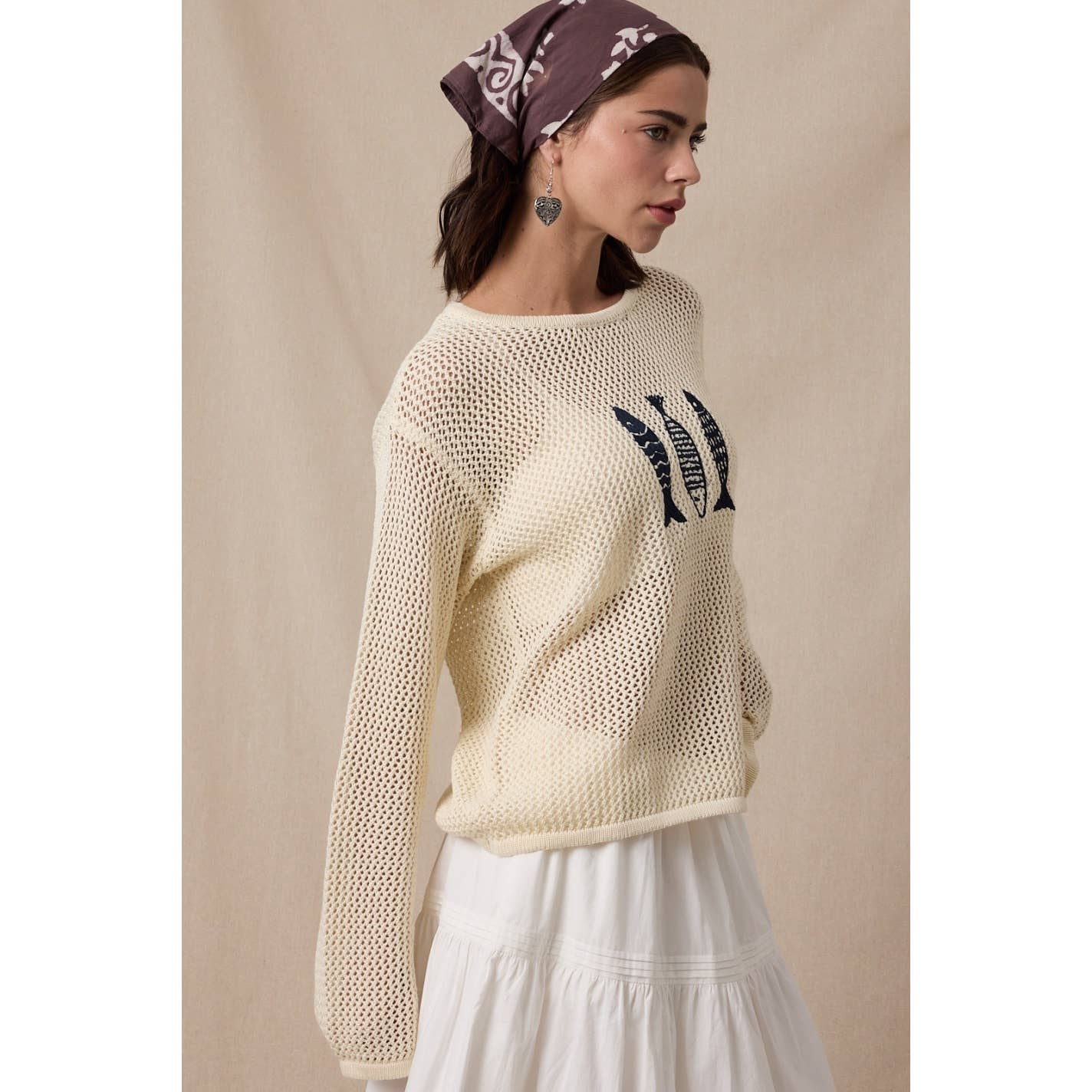 FISH TRIO OPEN-KNIT SWEATER