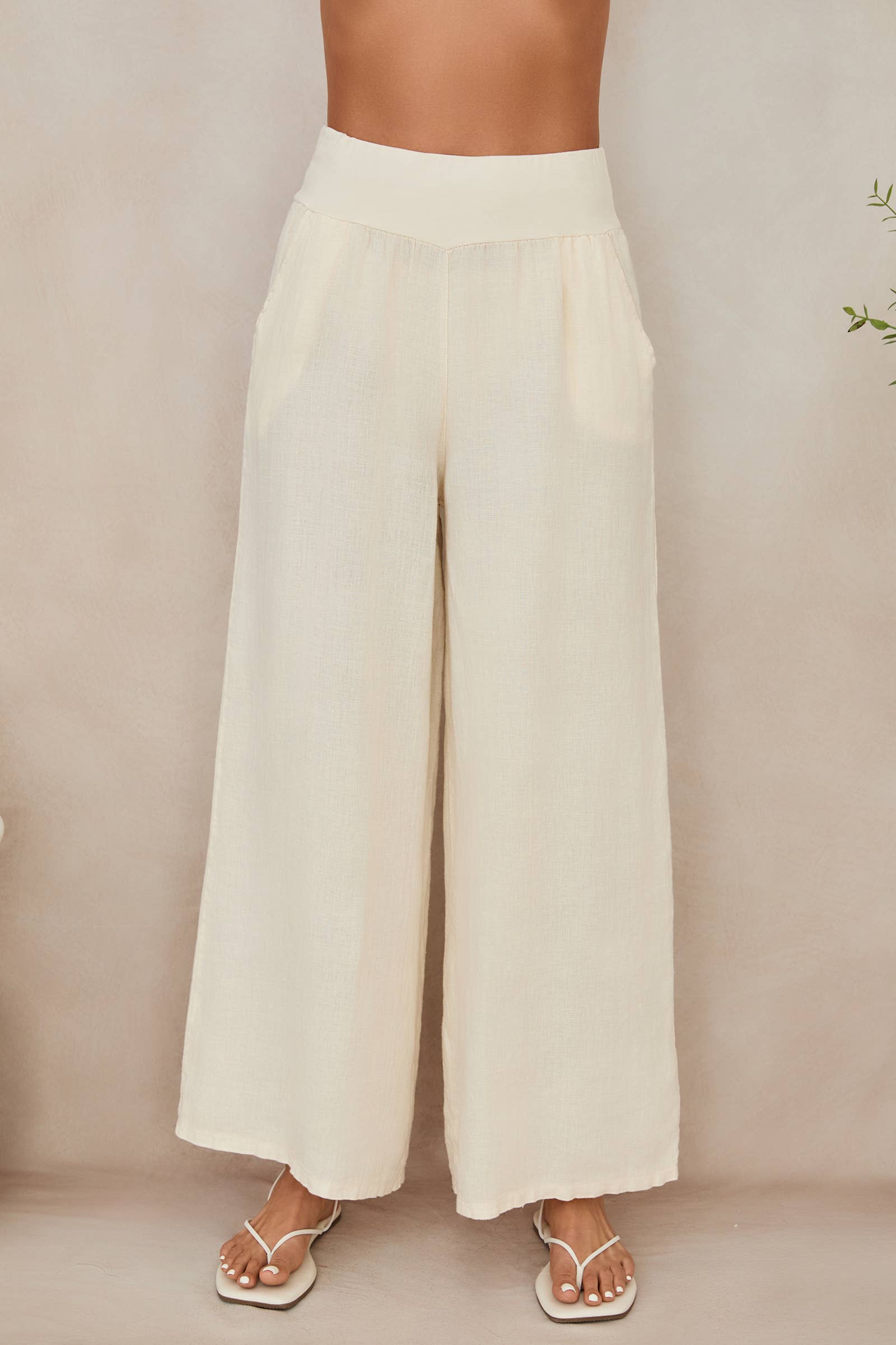 MILIO MILANO - WAISTBAND WIDE LEG LINEN PANTS WITH POCKET