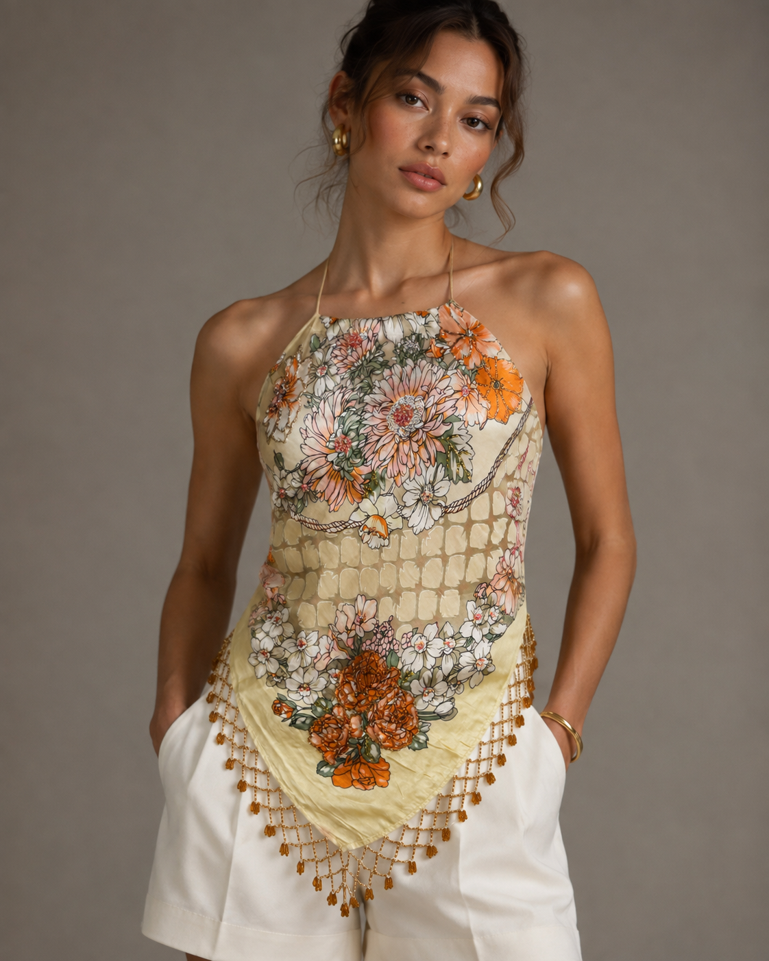 Aris A - Silk Beaded Floral Halter Top with Fringe