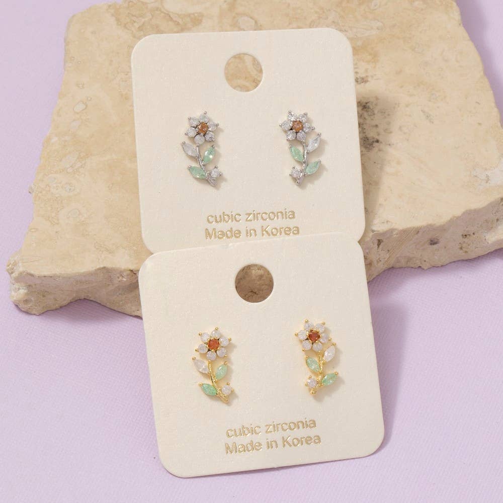Fame Accessories - Gold Dipped Cz Flower Stud Earrings