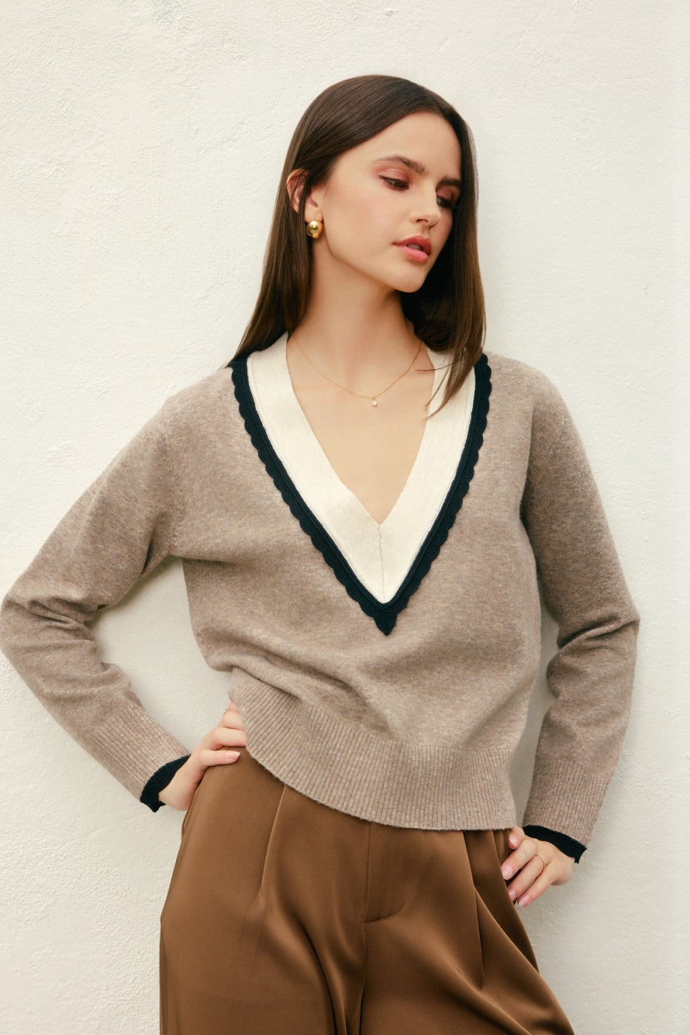 Varsity Contrast Deep V Neck Sweater