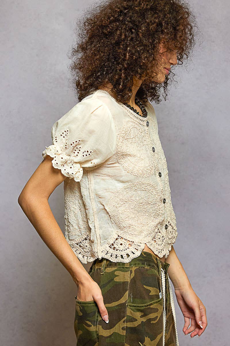 Pol Clothing - Round Neck Short Sleeve Button Closure Crochet Top