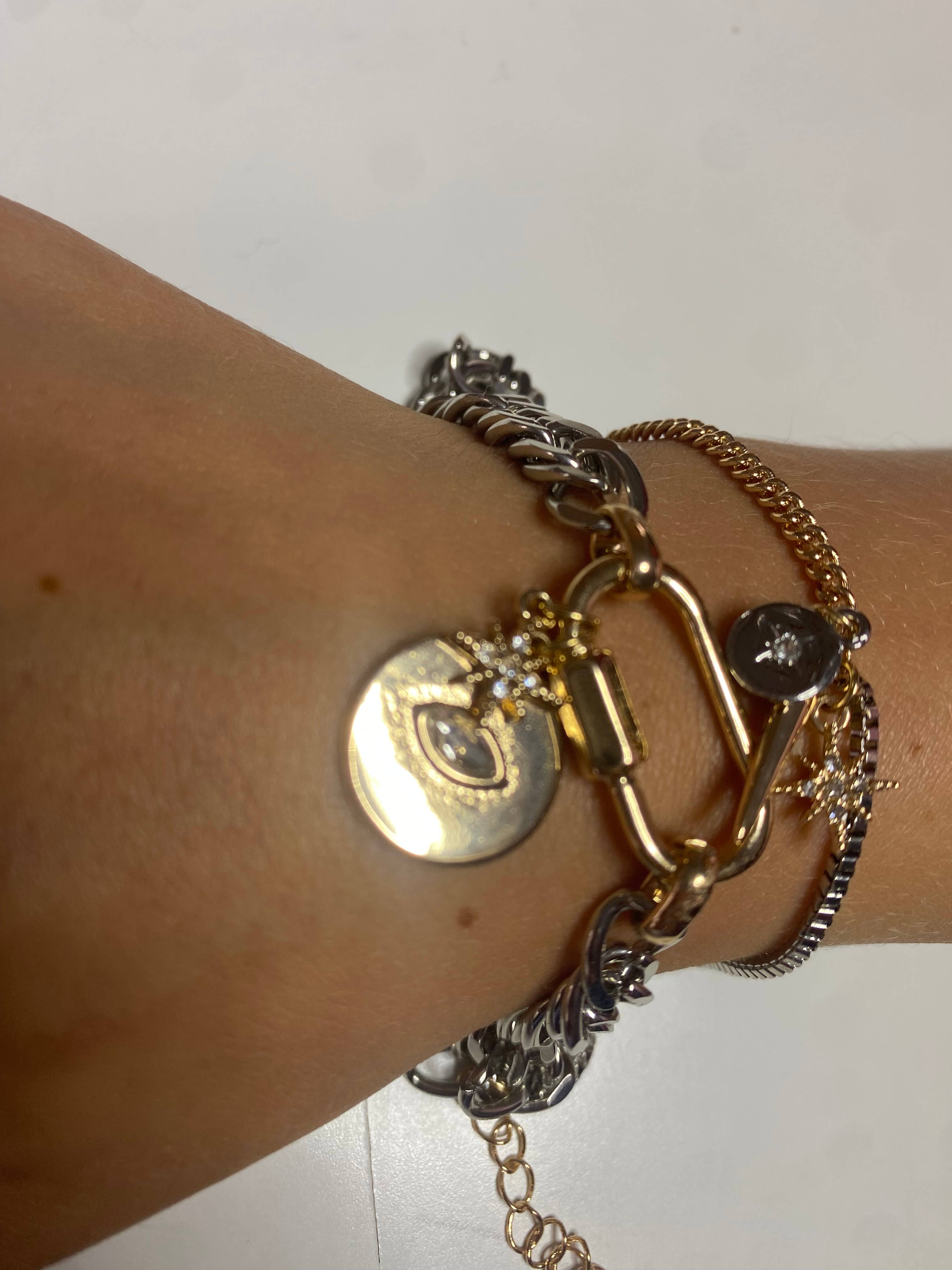 HoopLa - Horn & Evil Eye Carabiner, Multi Chain, Charm Bracelet Steel