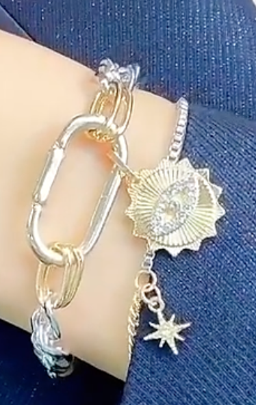 HoopLa - Carabiner Evil Eye Charm Stacked Stainless Steel Bracelet