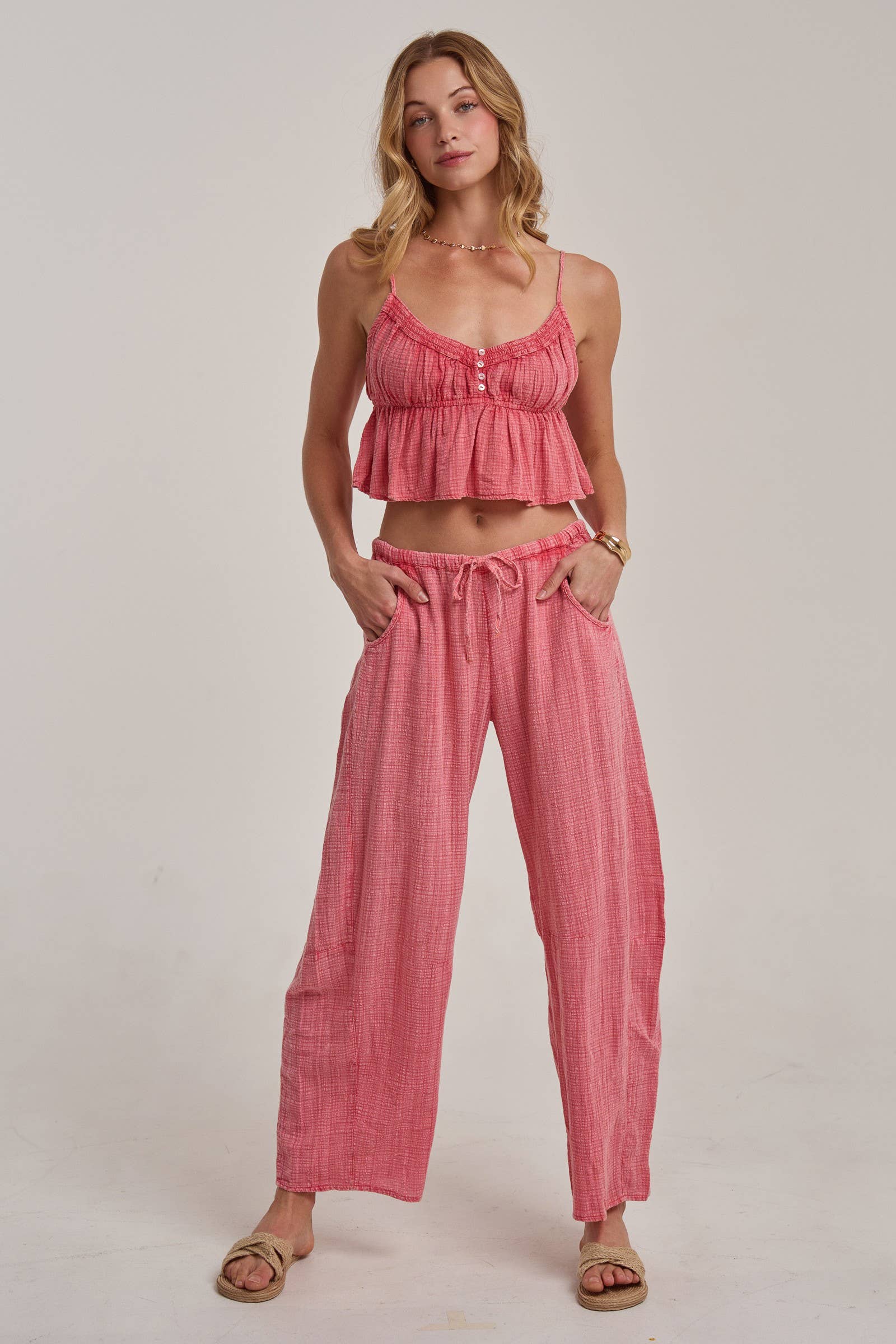 BON - MINERAL WASHED GAUZE CAMI TOP AND BARREL PANTS CASUAL SET