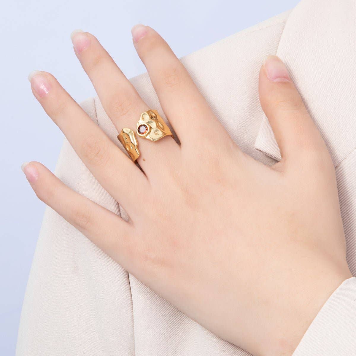 Aim Eternal - 16K Gold Filled Red CZ Hammered Wide Wrap Ring | Rings-00034