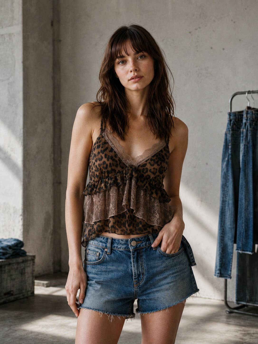 J LINE | LUZINA - LEOPARD LACE TRIM RUFFLE LAYERED CAMI TOP