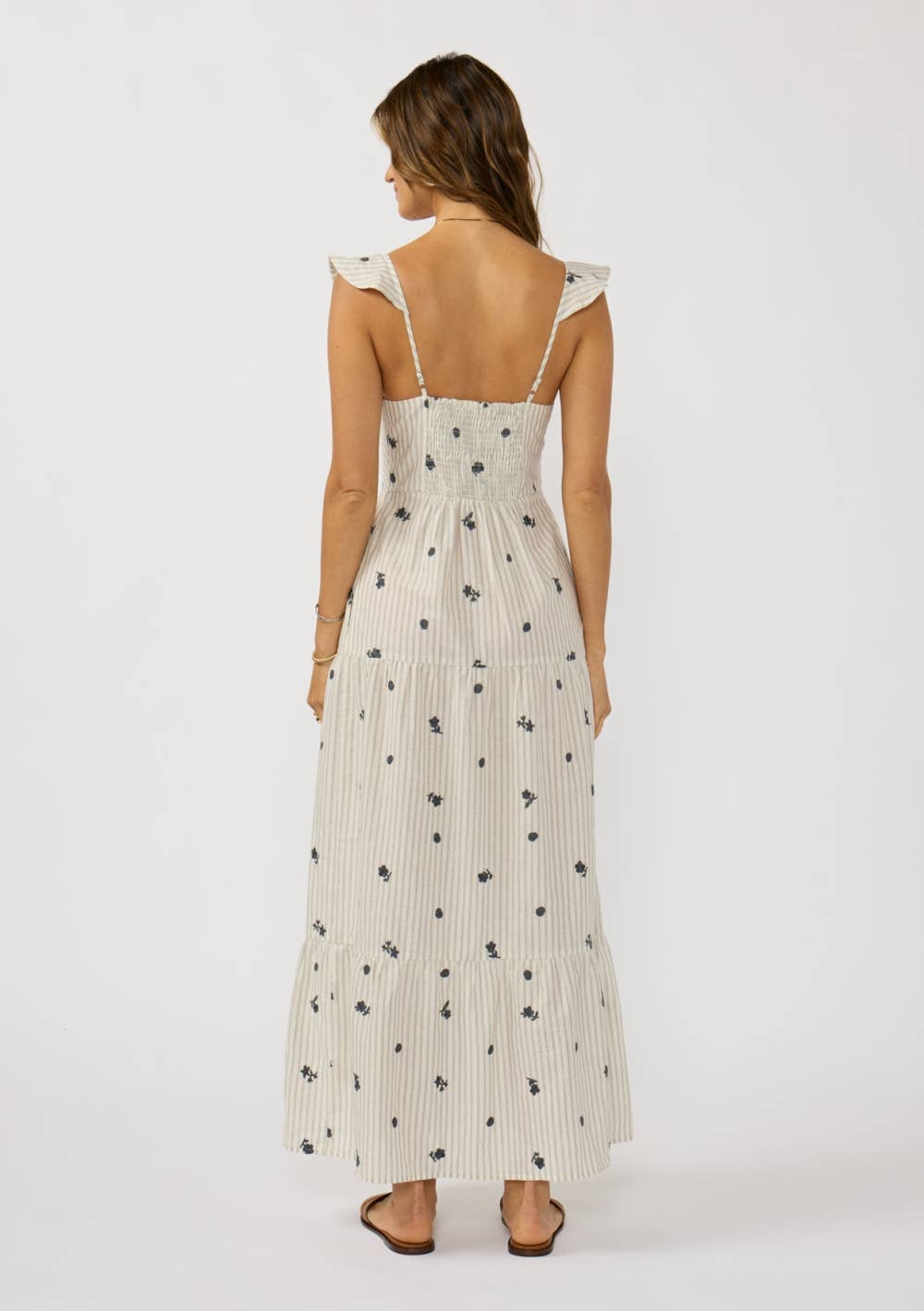 Lovestitch - Embroidered Stripe Button Down Tiered Maxi Dress