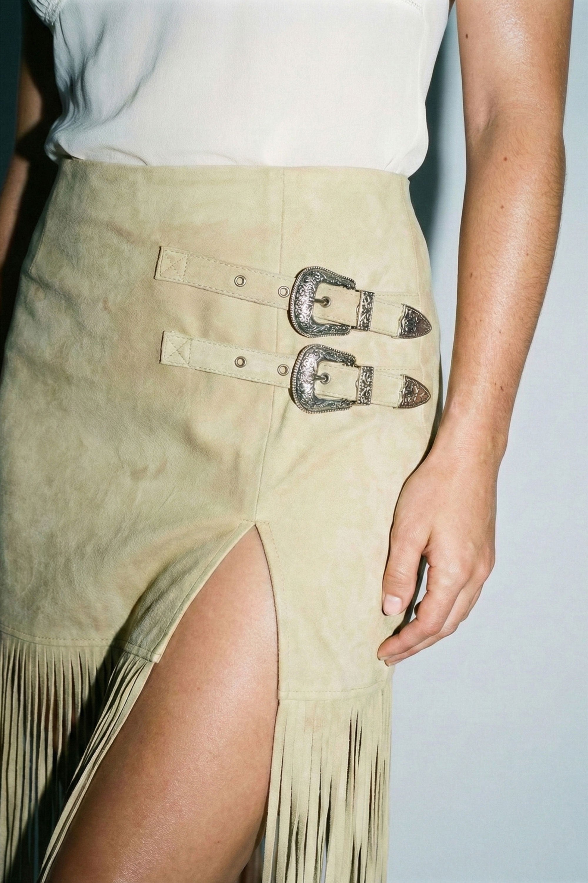 Faux Suede Fringe Buckle Skirt