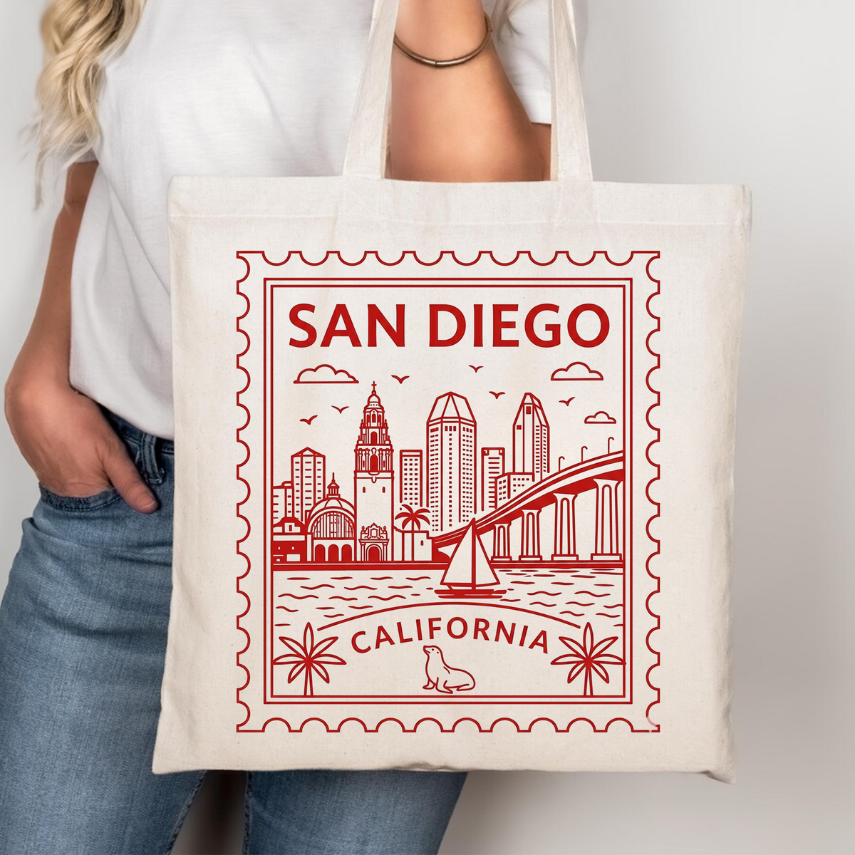 EnjoyMyDesign - San Diego California Postage Stamp Tote Bag