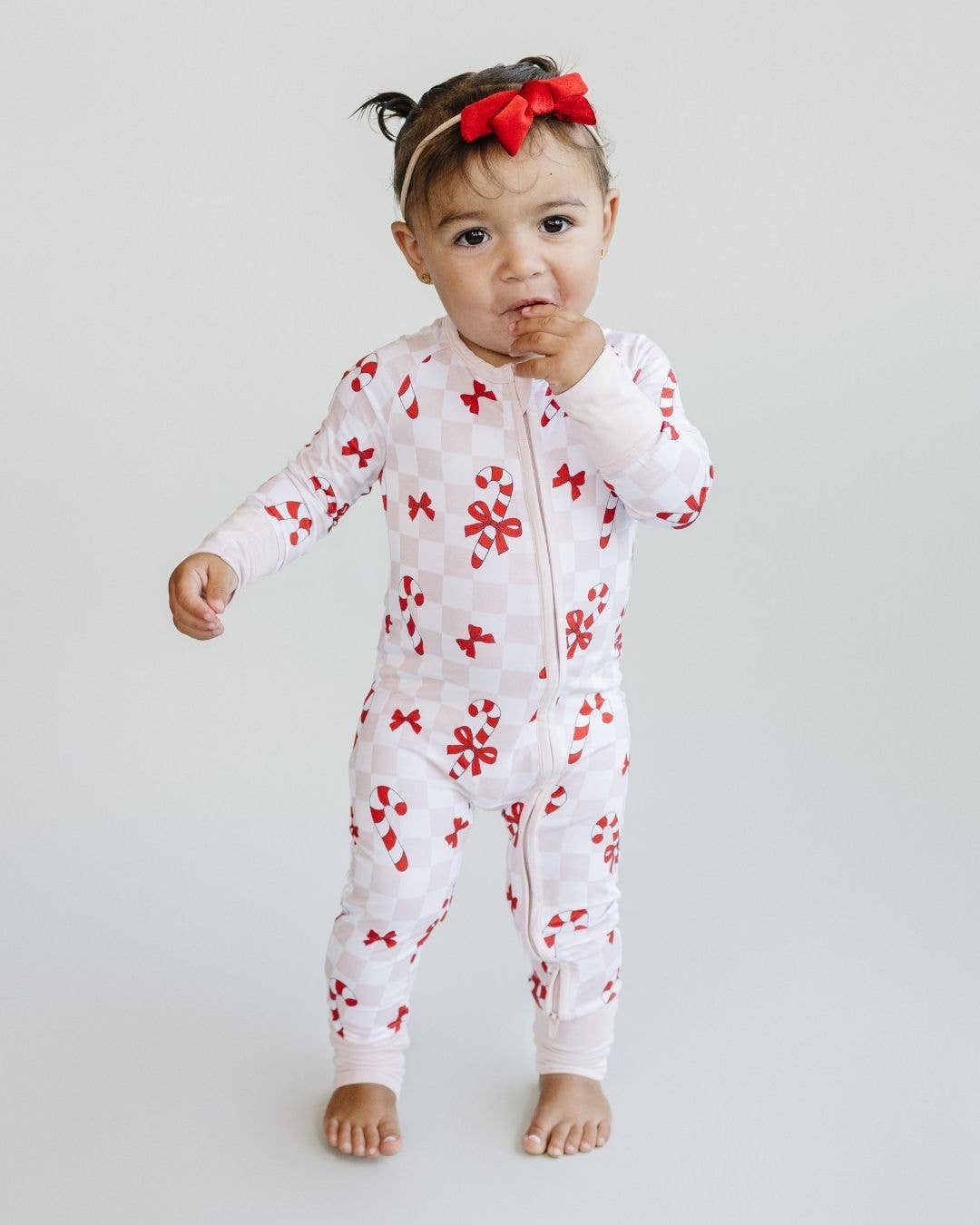 Christmas Baby Bamboo Clothes Zip Romper | Bows & Candy Cane