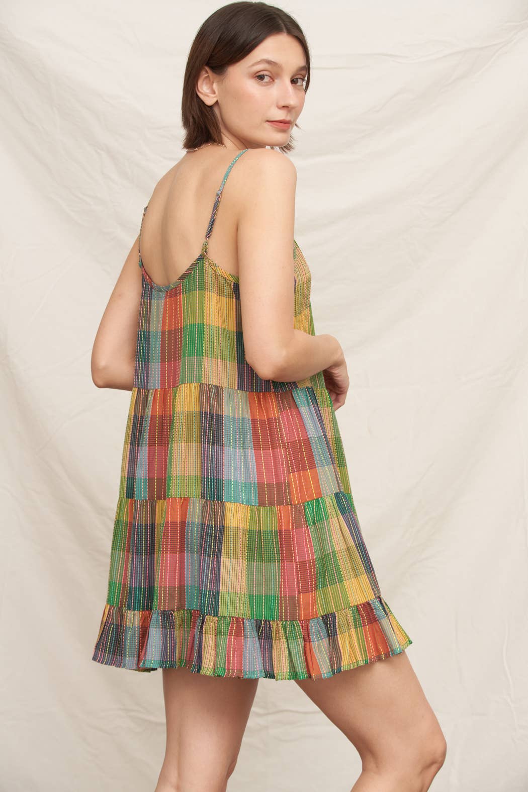 En Crème - Sleeveless Multicolor Plaid Tiered Mini Dress