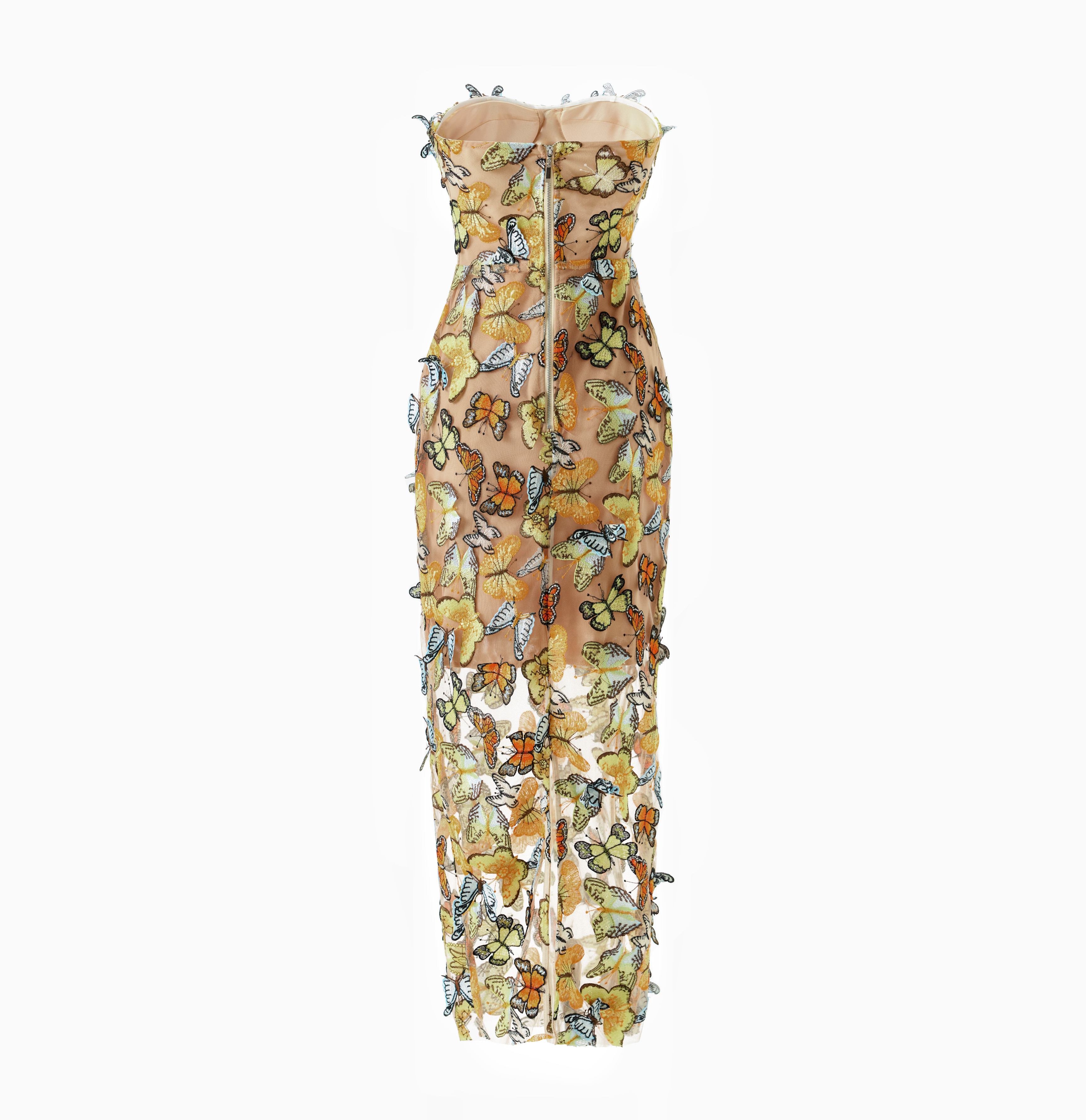 Embroidered Butterfly Tulle Strapless Gown