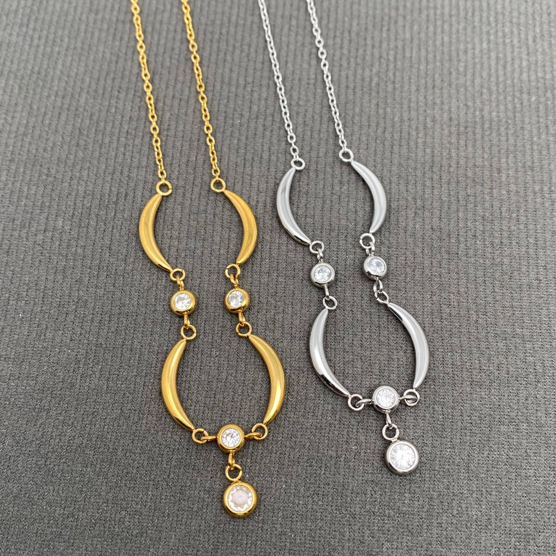 Mio Queena - Moon & Zircon Linked 18K Golden S.Steel Necklace - FGS/MS