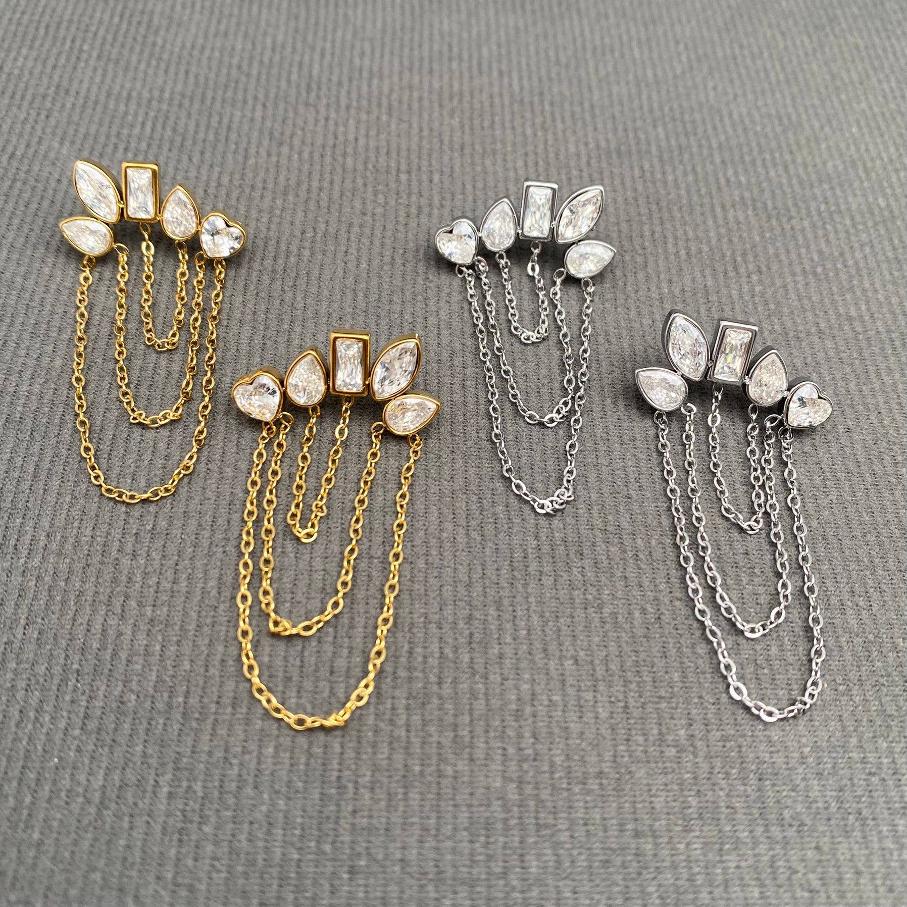 Mio Queena - Zircon Inalid Chain Tassel 18K Golden S.Steel Earrings - FGS