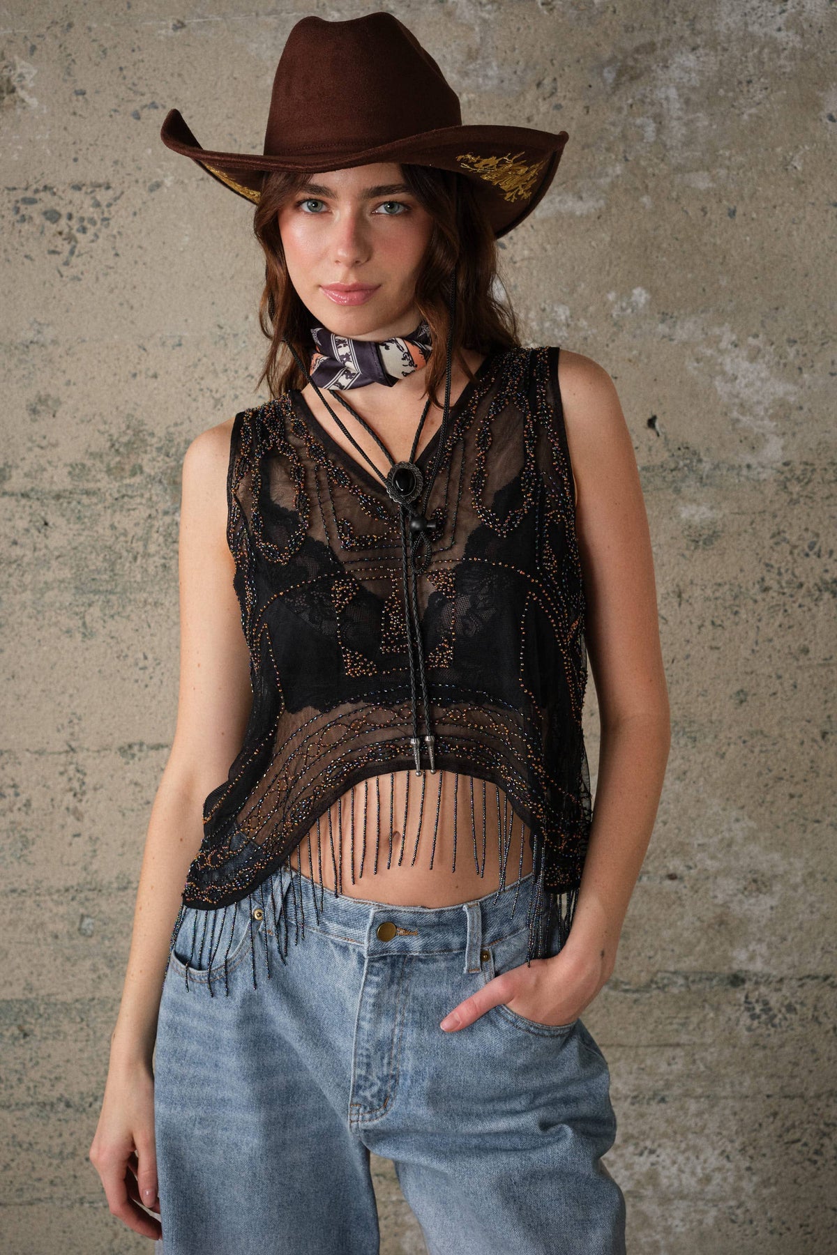 Blue B - 33309T Western Sequin Mesh Fringe Top