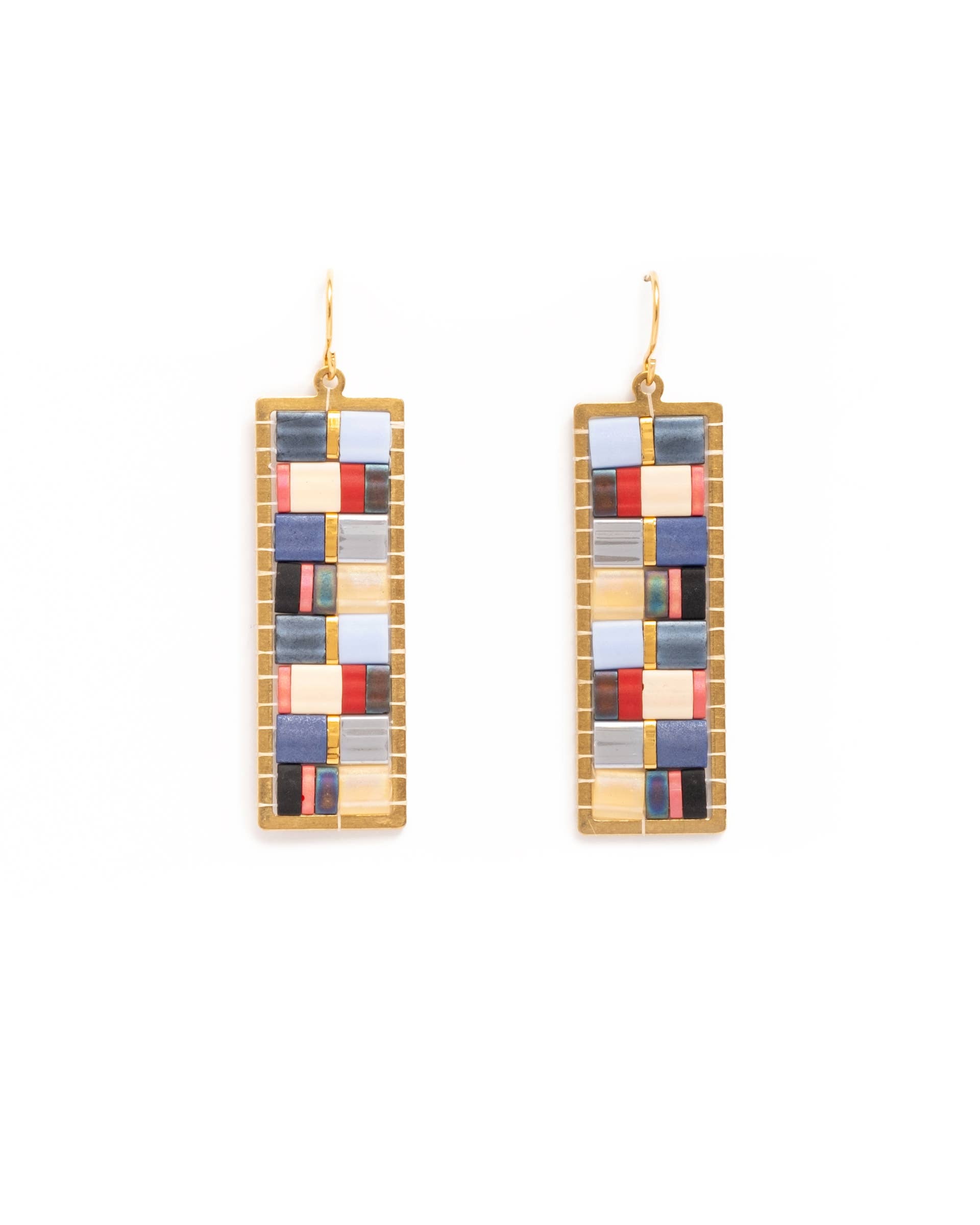 Mayana Designs Co - Beaded Handwoven Mosaic Tila and Brass Earrings (Aqua/Red)