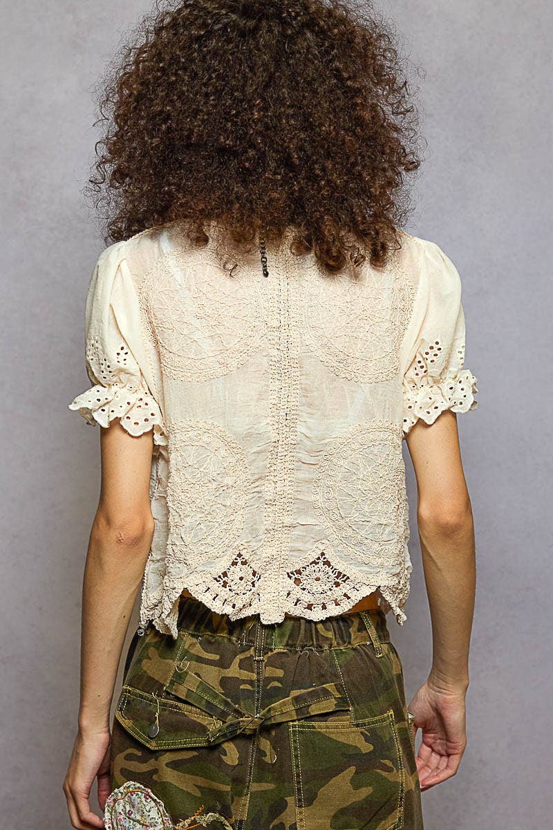 Pol Clothing - Round Neck Short Sleeve Button Closure Crochet Top