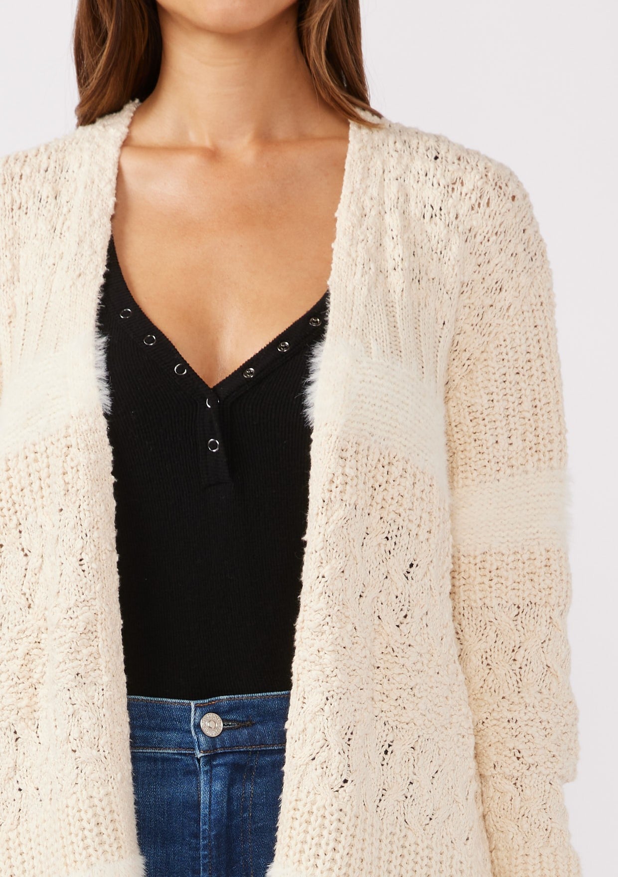 Textured Patchwork Open Front Knit Cardigan