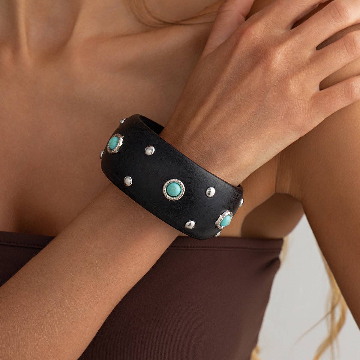 Dipped Shop - Punk Style Studded Wooden Wide Bracelet MK2ZCEP6W6JBR74