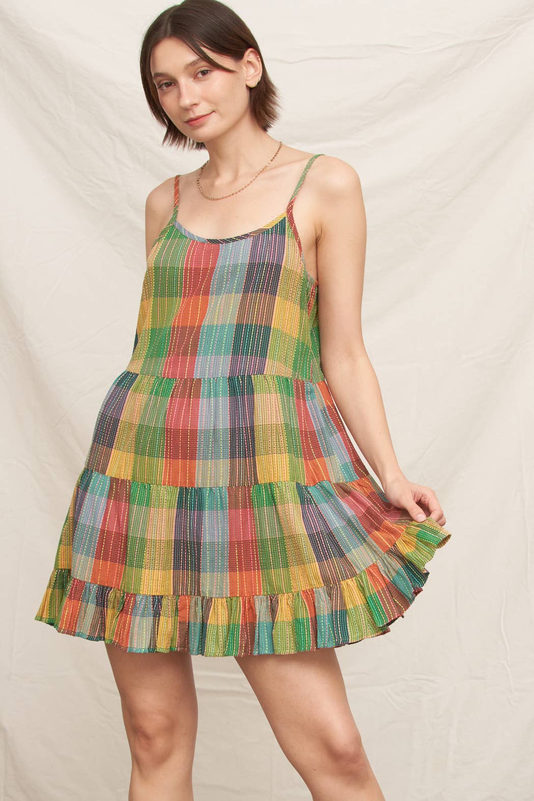 En Crème - Sleeveless Multicolor Plaid Tiered Mini Dress