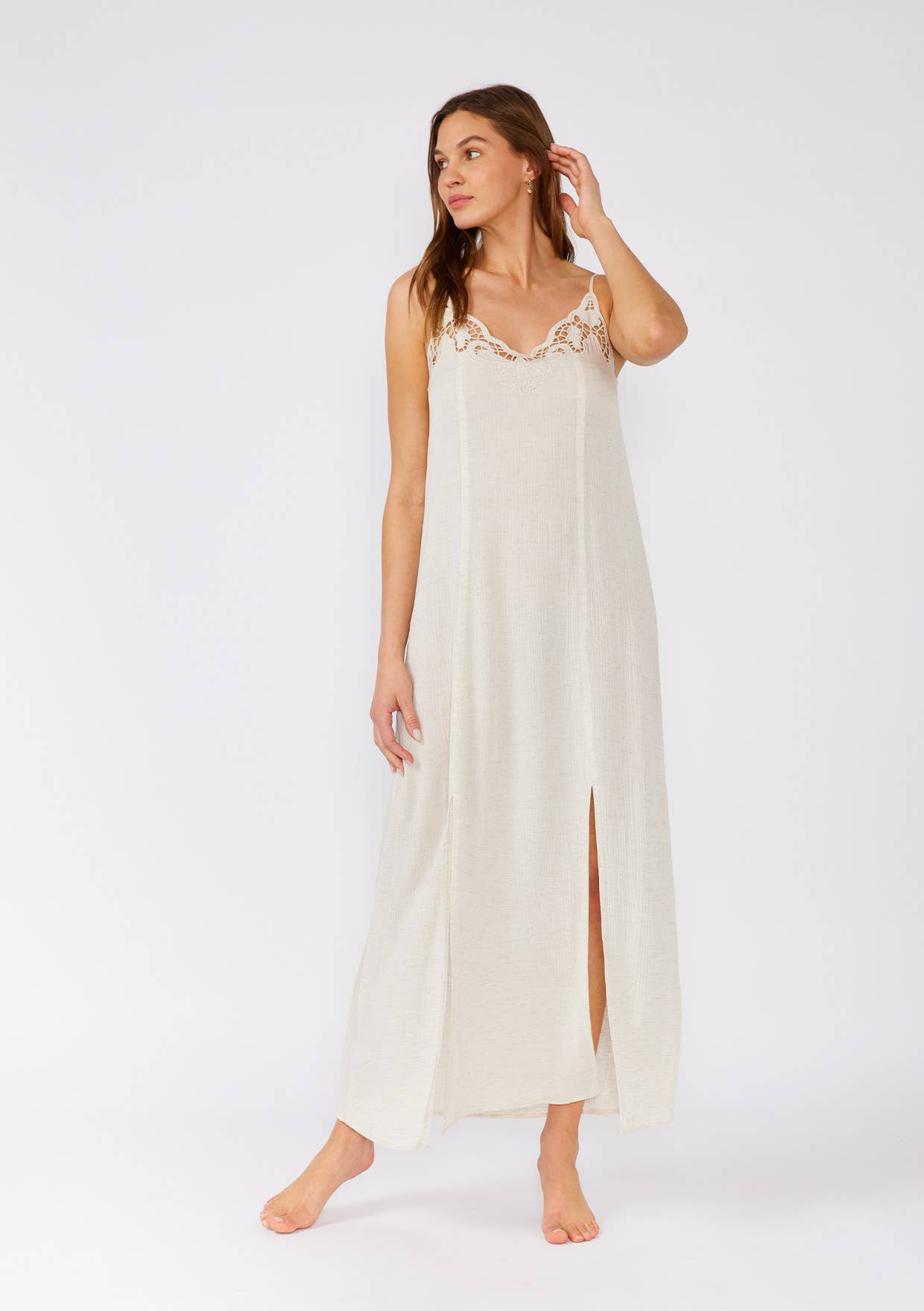 Lovestitch - Battenburg Lace Trim Spaghetti Strap Maxi Dress