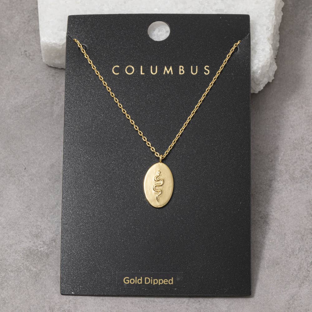 Fame Accessories - Gold Dipped Snake Embossed Oval Pendant Necklace