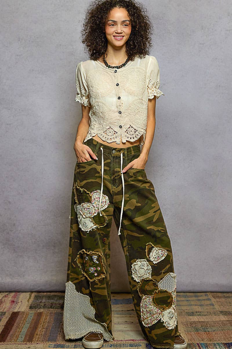 Pol Clothing - Round Neck Short Sleeve Button Closure Crochet Top